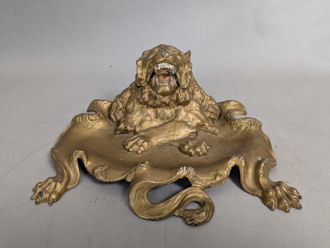 Antique Art Nouveau Style Lion Inkwell Desk Tray Decorative: **Important** Please read below description on how to avoid high shipping costs. This charming antique Art Nouveau style lion inkwell/desk tray measures 5 high x 11 x 8. It has been repainted in a