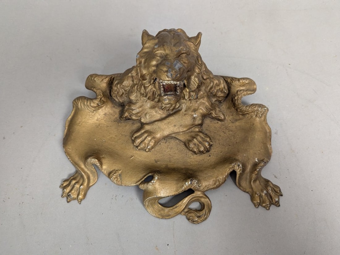 Antique Art Nouveau Style Lion Inkwell Desk Tray Decorative - 2