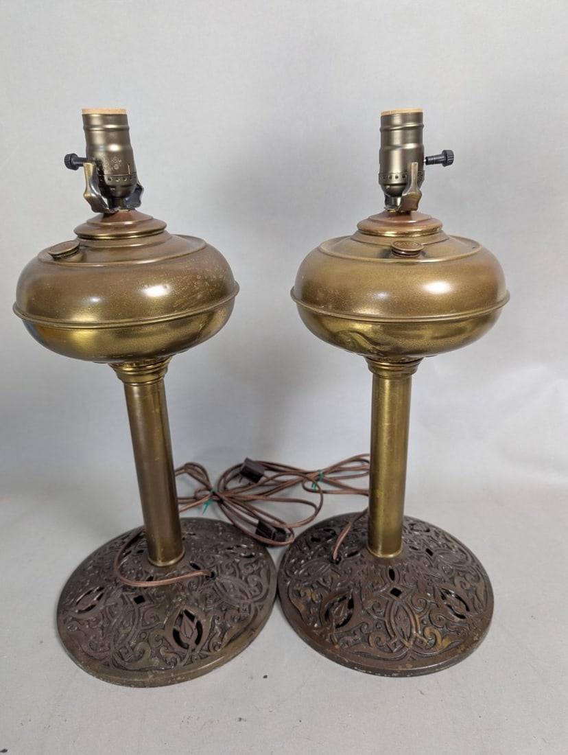 Antique Rayo Converted Electric Table Lamp Pair with Ornate Cast Iron Base (1 of 7)