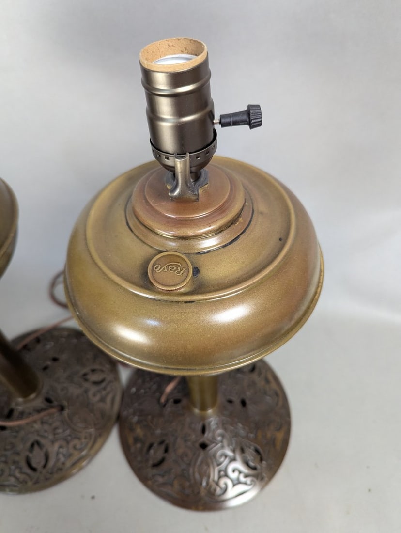Antique Rayo Converted Electric Table Lamp Pair with Ornate Cast Iron Base - 2