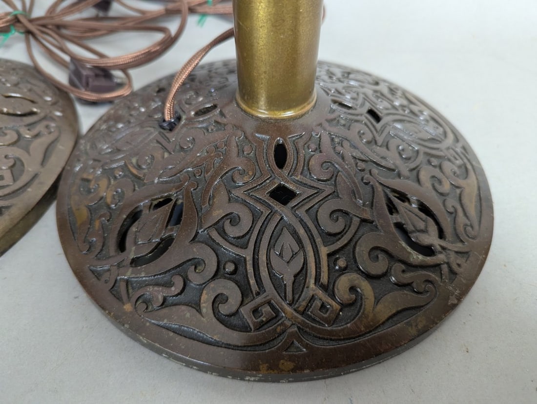 Antique Rayo Converted Electric Table Lamp Pair with Ornate Cast Iron Base - 3