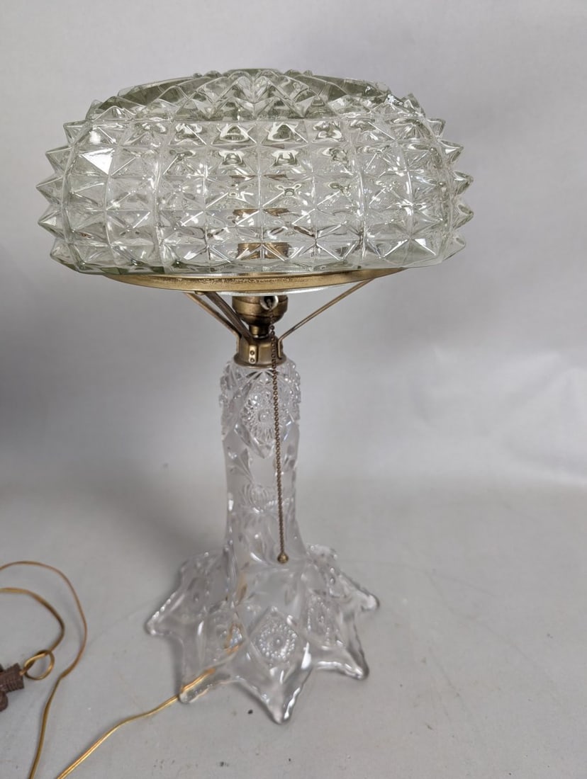 EAPG Pressed Glass Table Lamp Antique Vintage Design Functioning Light Fixture: **Important** Please read below description on how to avoid high shipping costs. This exquisite EAPG style pressed glass table lamp, standing at 17 high x 9 x 9, showcases beautiful floral and geometr