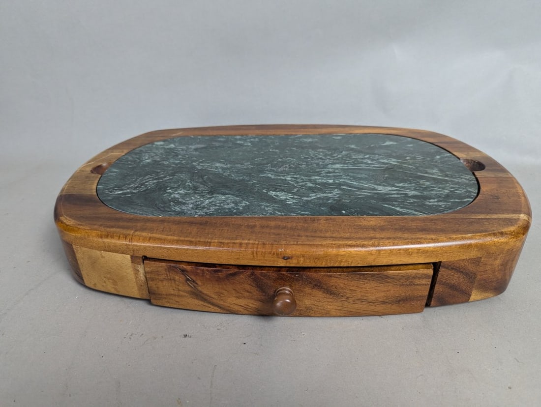 Vintage Mid-Century Modern Wood and Marble Cheese Board Set with Utensils and Drawer: **Important** Please read below description on how to avoid high shipping costs. Add a touch of elegance to your gatherings with this Vintage Mid-Century Modern Wood and Marble Cheese Board Set.
