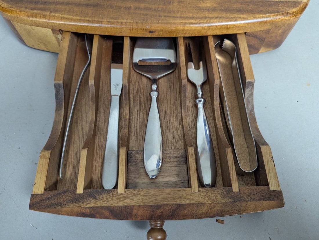 Vintage Mid-Century Modern Wood and Marble Cheese Board Set with Utensils and Drawer - 7