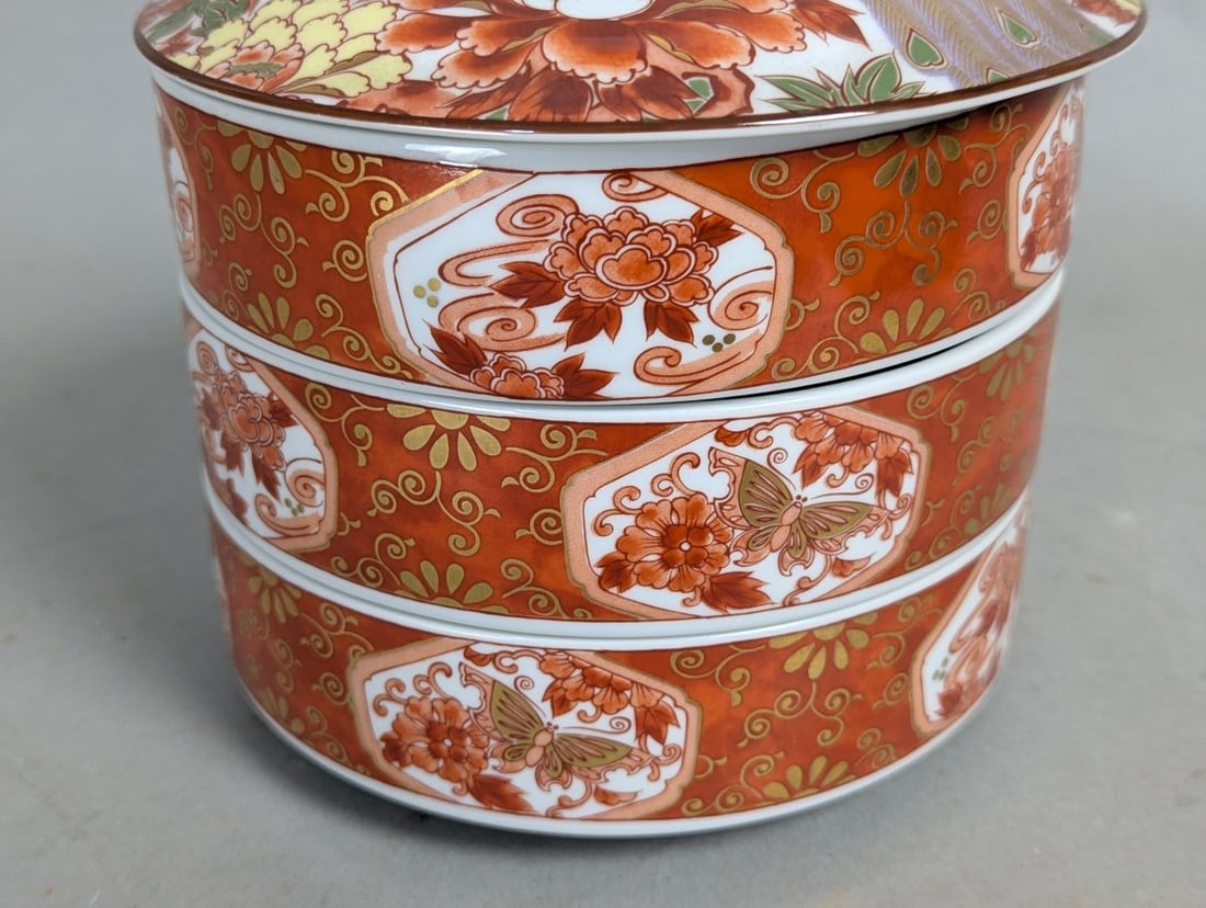 Kozan-gama Japanese Porcelain 3-Tier Jubako Stacking Box Peacock Peony Motif - 3