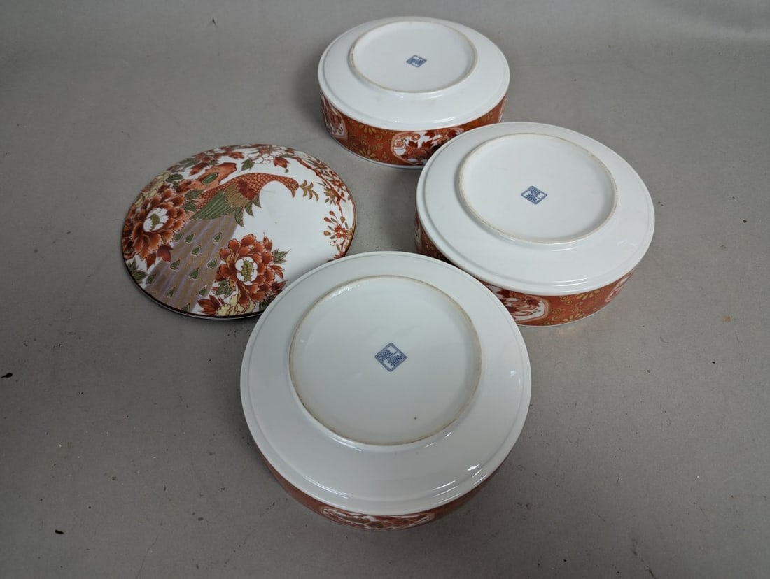 Kozan-gama Japanese Porcelain 3-Tier Jubako Stacking Box Peacock Peony Motif - 5