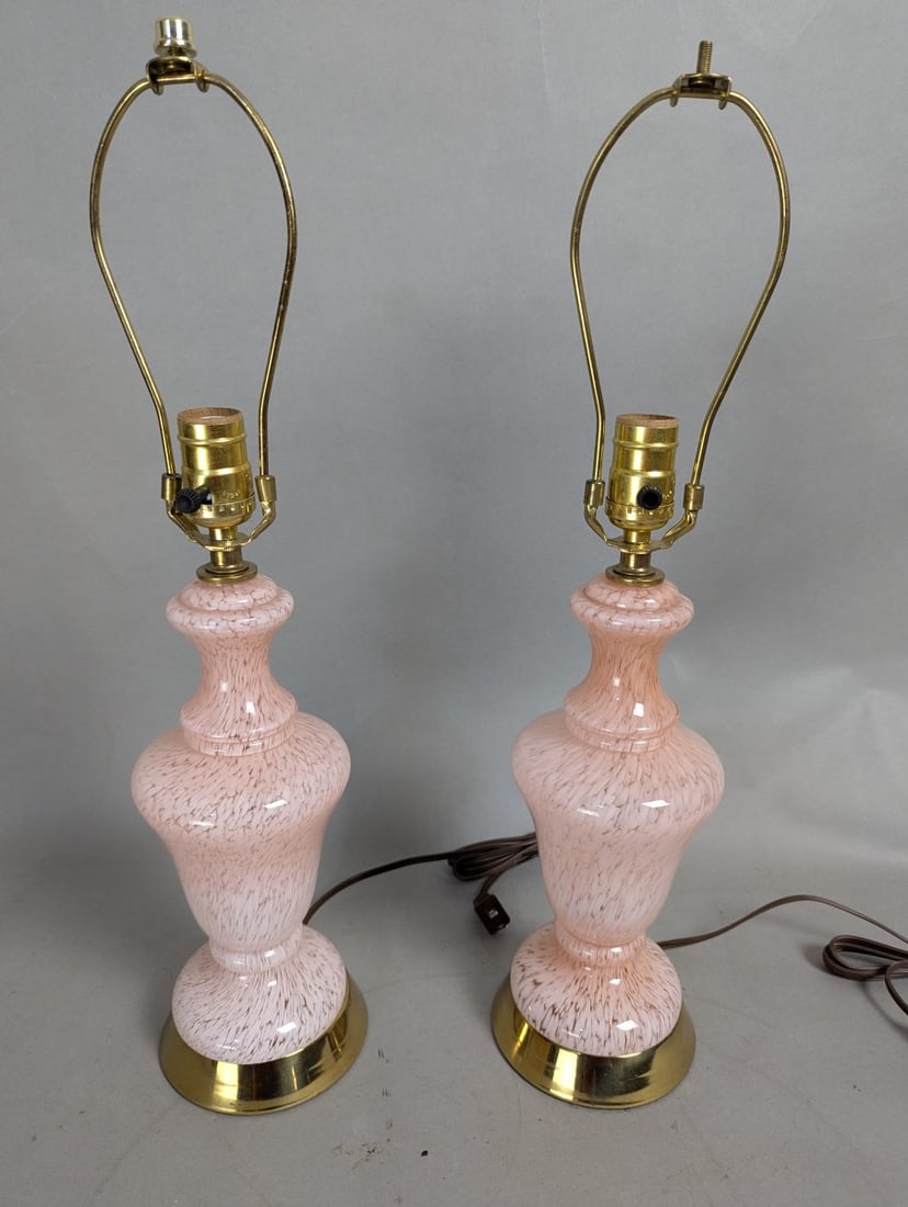 Mid-Century Pink Spatter Glass Table Lamps Pair Vintage Working Condition: **Important** Please read below description on how to avoid high shipping costs. This charming pair of Mid-Century pink spatter glass table lamps stands 22 inches high and measures 5 inches across.