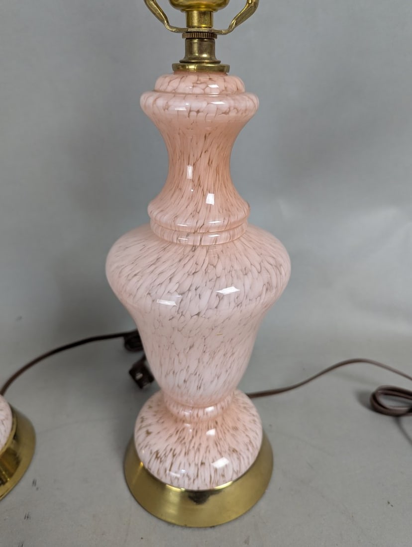 Mid-Century Pink Spatter Glass Table Lamps Pair Vintage Working Condition - 2