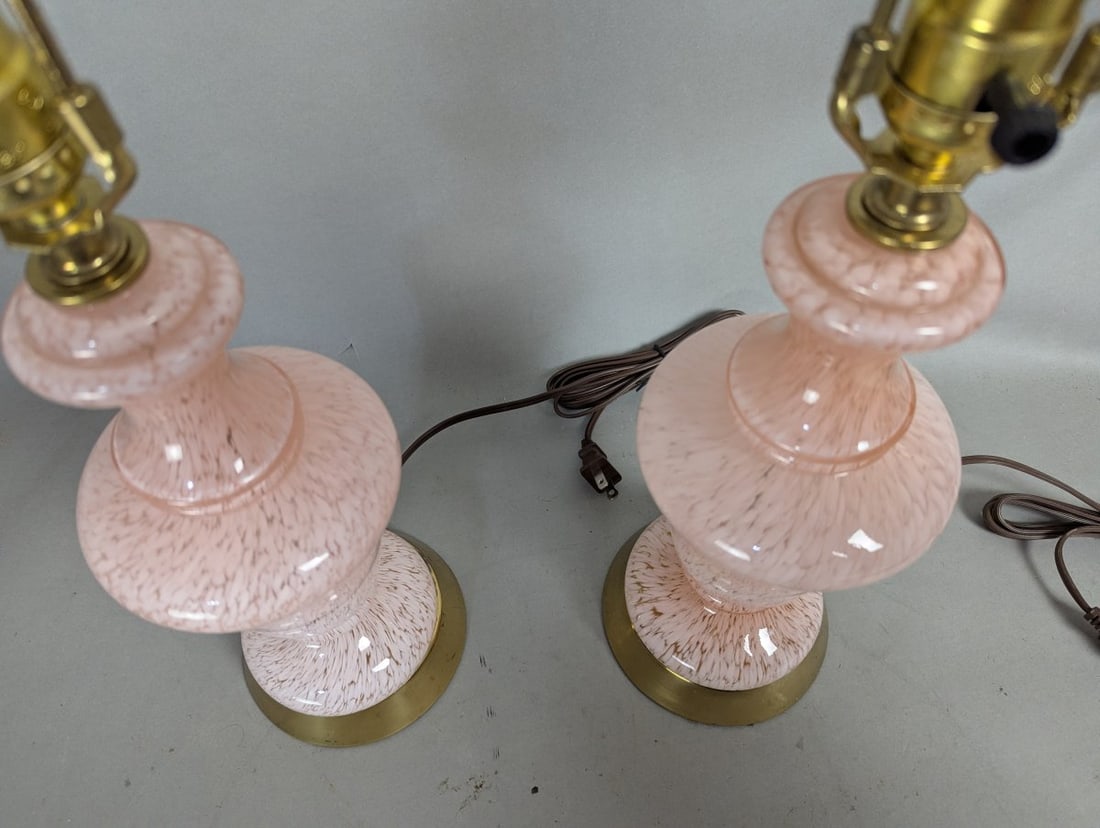 Mid-Century Pink Spatter Glass Table Lamps Pair Vintage Working Condition - 3