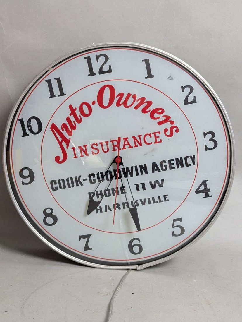 Vintage Lackner Light-Up Advertising Clock Auto-Owners Insurance Bubble Glass Front (1 of 7)