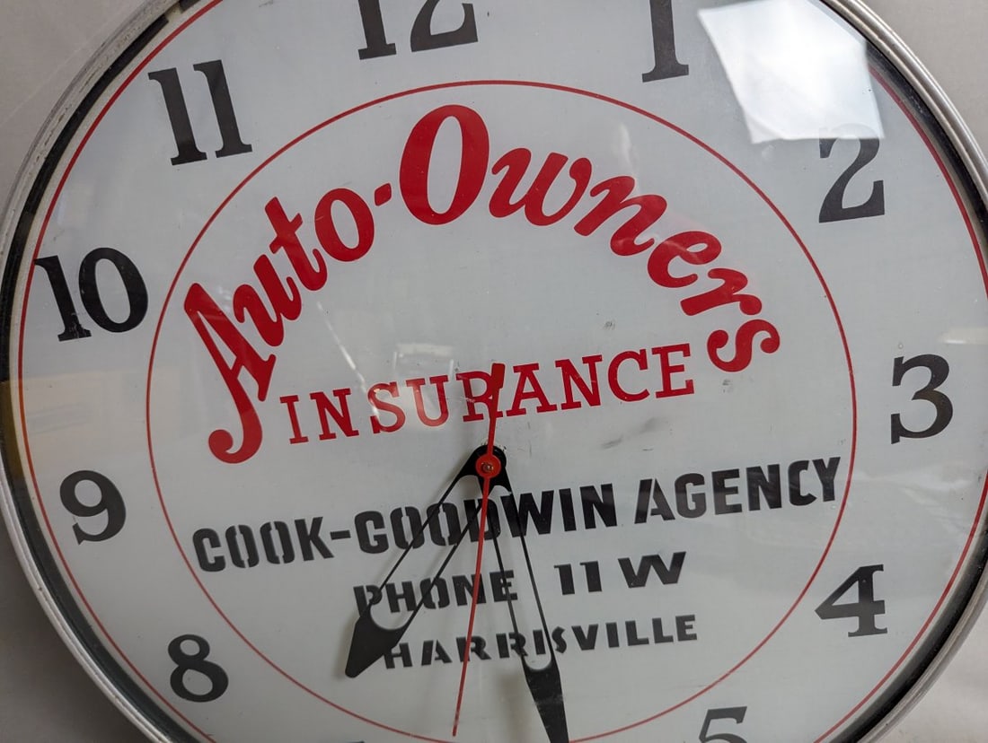 Vintage Lackner Light-Up Advertising Clock Auto-Owners Insurance Bubble Glass Front - 3