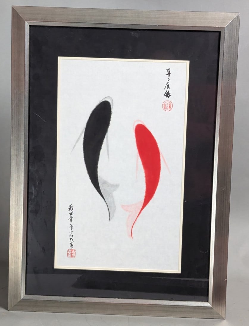Framed Chinese Brush Painting Koi Fish Art Sumi-e Original Decorative Wall Decor: **Important** Please read below description on how to avoid high shipping costs. Immerse yourself in the tranquil beauty of this framed Chinese brush painting featuring two koi fish-one black and one 