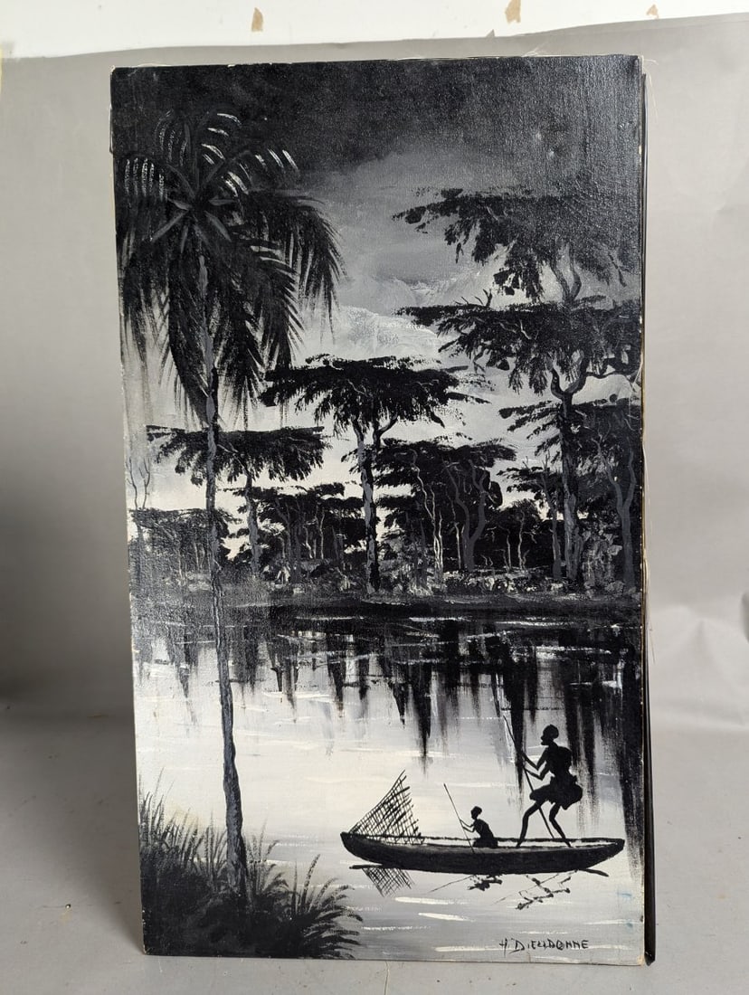 H Dieudonne Signed Haitian Silhouette Art Oil on Canvas Tropical Scene 15x26: **Important** Please read below description on how to avoid high shipping costs. Explore the captivating charm of this signed H. Dieudonne oil on canvas painting, featuring a striking tropical river s