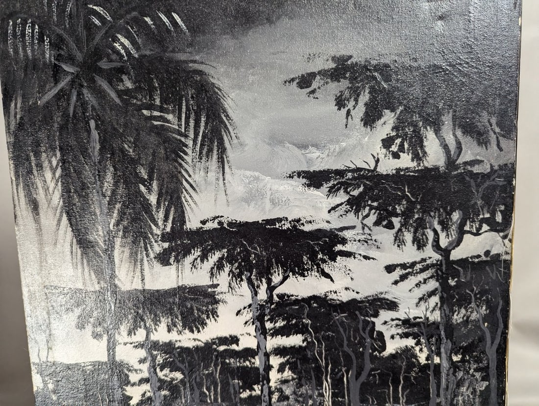 H Dieudonne Signed Haitian Silhouette Art Oil on Canvas Tropical Scene 15x26 - 3