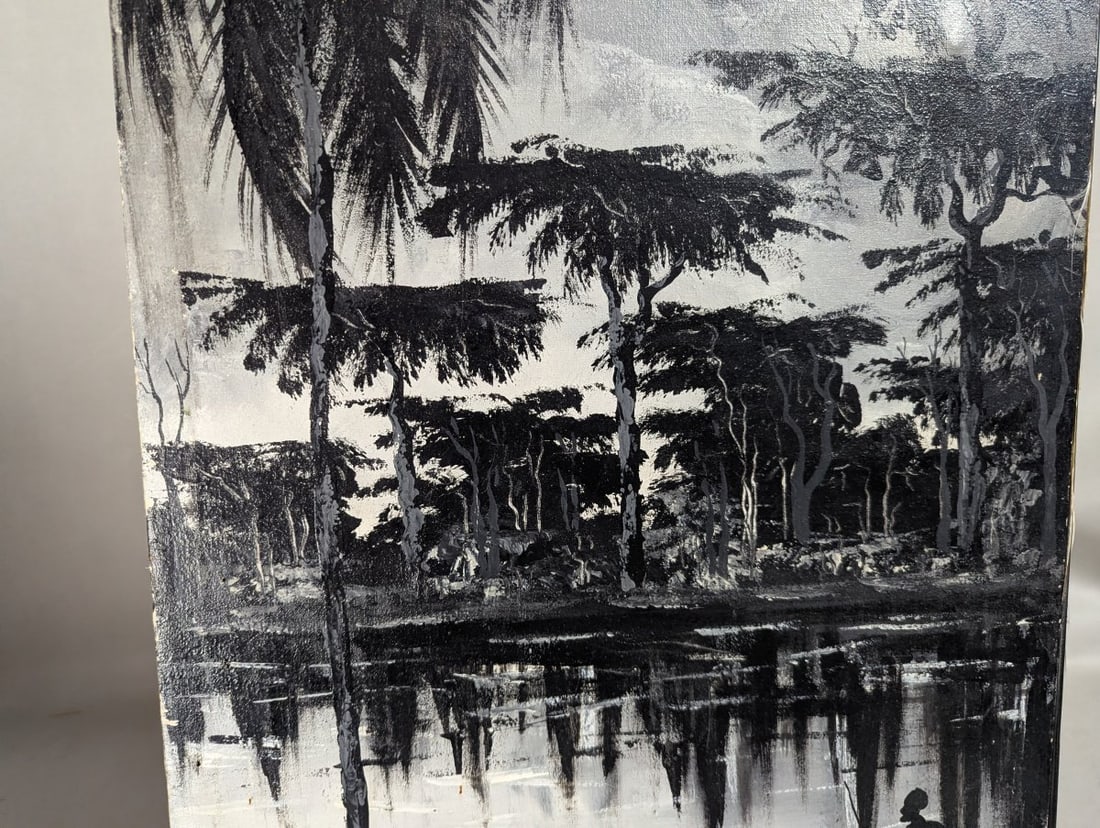 H Dieudonne Signed Haitian Silhouette Art Oil on Canvas Tropical Scene 15x26 - 4