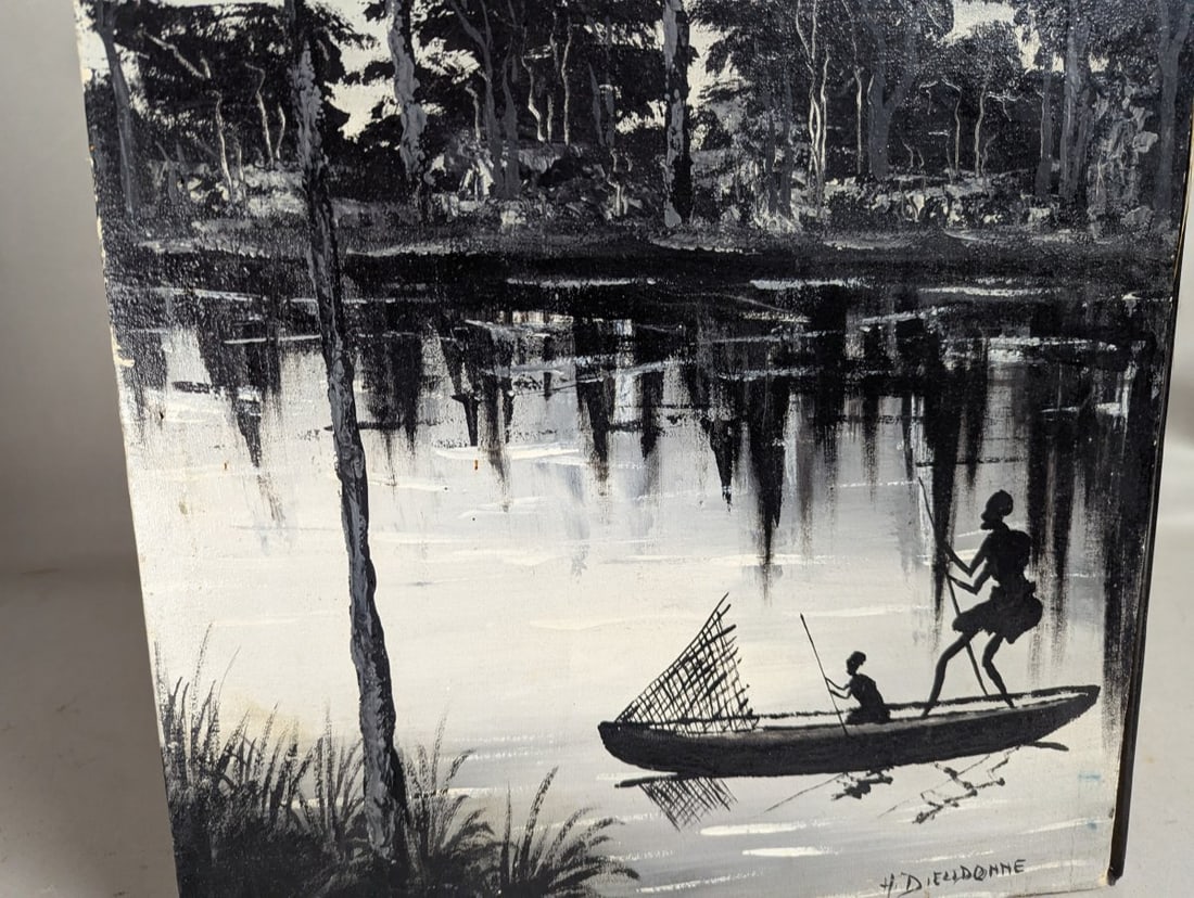 H Dieudonne Signed Haitian Silhouette Art Oil on Canvas Tropical Scene 15x26 - 5