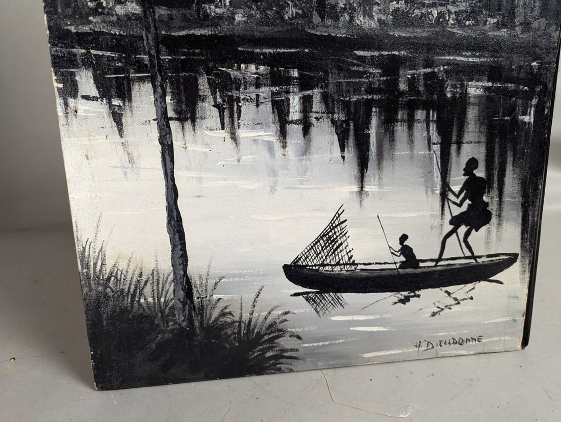 H Dieudonne Signed Haitian Silhouette Art Oil on Canvas Tropical Scene 15x26 - 6