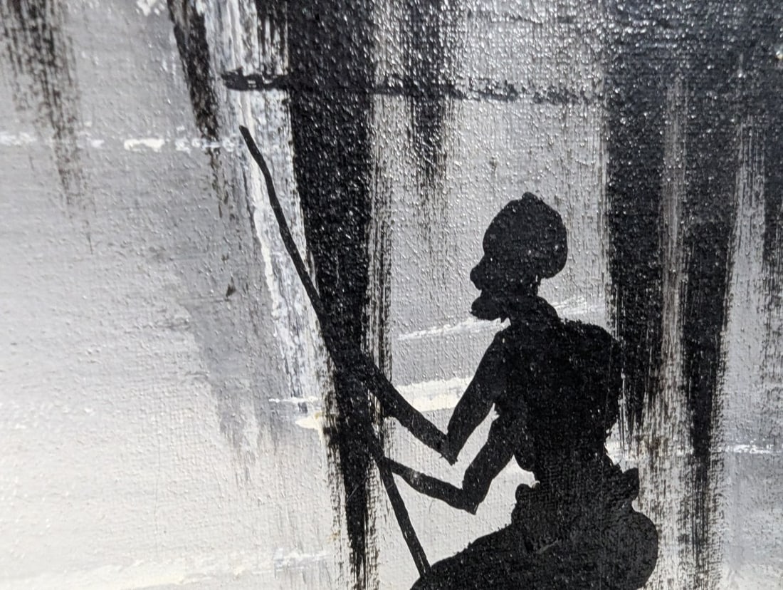 H Dieudonne Signed Haitian Silhouette Art Oil on Canvas Tropical Scene 15x26 - 8