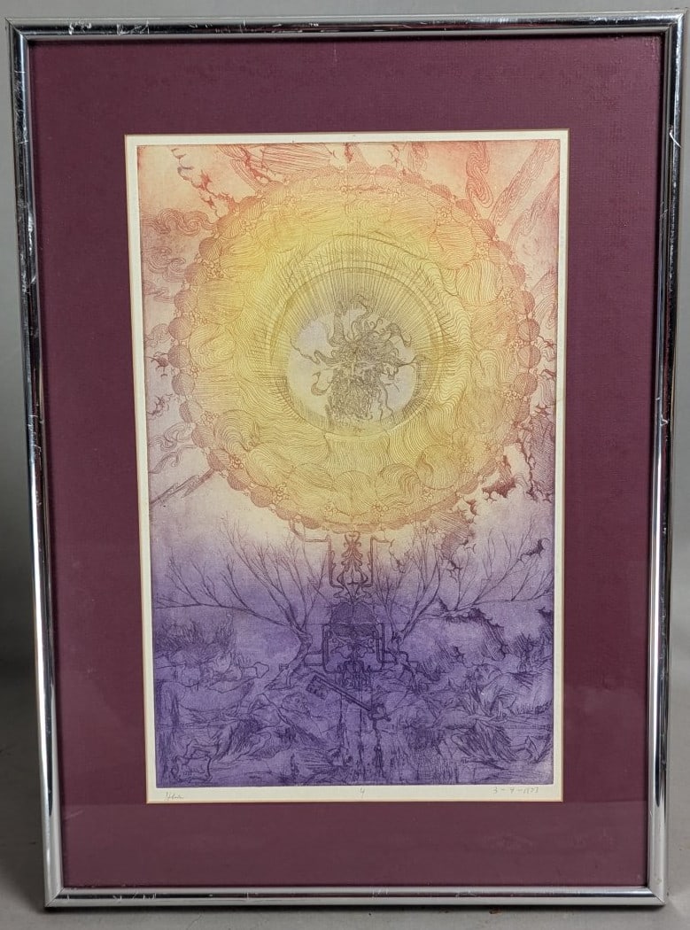 Josip Hlas Surrealist Art Limited Edition Etching 'The Key' 1973 Beautifully Framed: **Important** Please read below description on how to avoid high shipping costs. Immerse yourself in the captivating world of Croatian artist Josip Hlas with this original, hand-colored etching titled