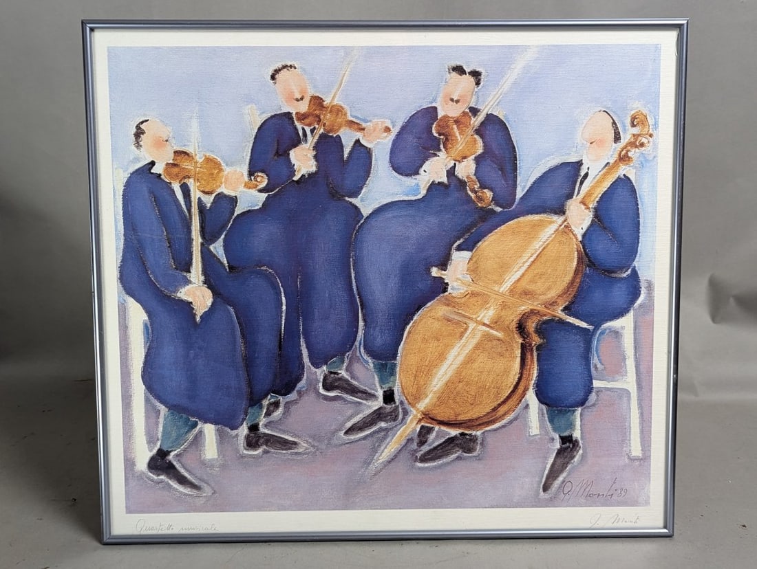 Giorgio Monti Quartetto Musicale Serigraph Print Vibrant Colors 1989: **Important** Please read below description on how to avoid high shipping costs. Experience the whimsical art of Giorgio Monti with this exquisite 'Quartetto musicale' serigraph print from 1989.