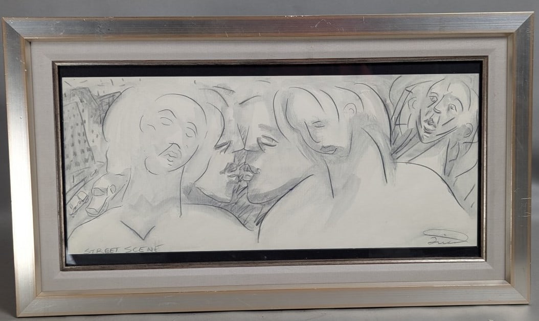 Fried Signed Modernist Drawing Street Scene Framed Art Unique Expressionist Style: **Important** Please read below description on how to avoid high shipping costs. Explore this captivating modernist artwork titled 'Street Scene', signed by artist 'Fried'. This piece measures 28 x
