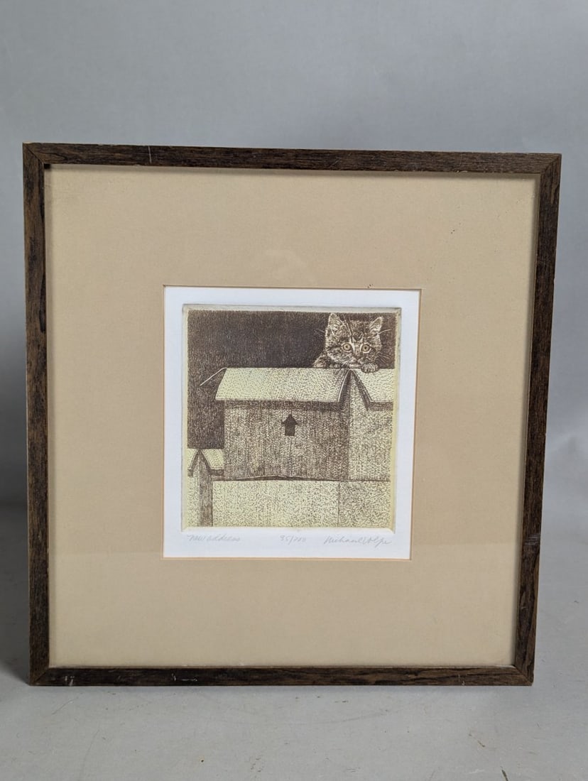 Richard Volpe Signed Numbered Intaglio Print New Address Kitten in Box Framed Art: **Important** Please read below description on how to avoid high shipping costs. Up for auction is a stunning signed and numbered intaglio print by artist Richard Volpe titled 'New Address.' This