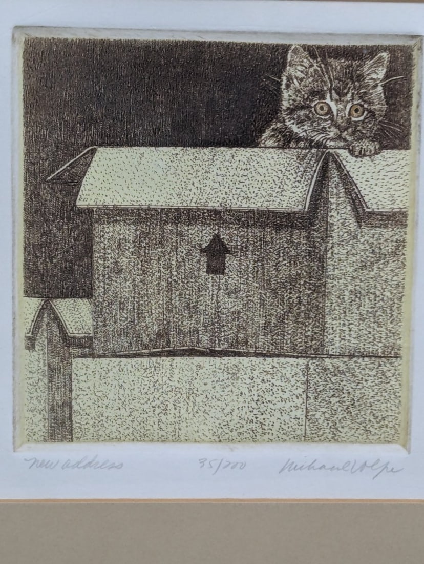 Richard Volpe Signed Numbered Intaglio Print New Address Kitten in Box Framed Art - 2