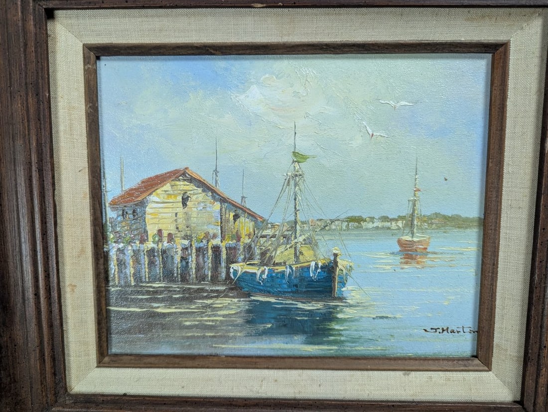 Vintage J. Martin Nautical Oil Painting Framed Coastal Scene 8 x 10 Art Decor - 2