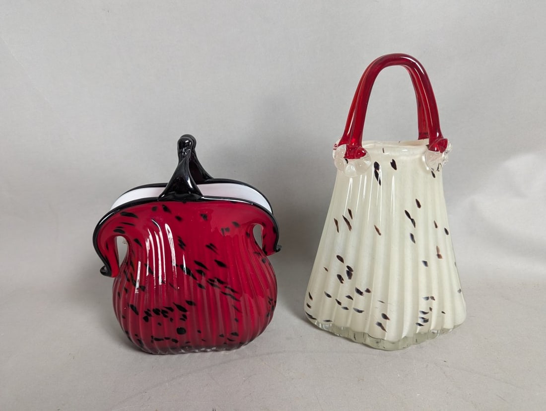 Stunning Murano-Style Art Glass Purse Vases Red Black White Decorative Pair: **Important** Please read below description on how to avoid high shipping costs. Elevate your decor with this exquisite pair of Murano-style art glass purse vases. Featuring a striking red and black