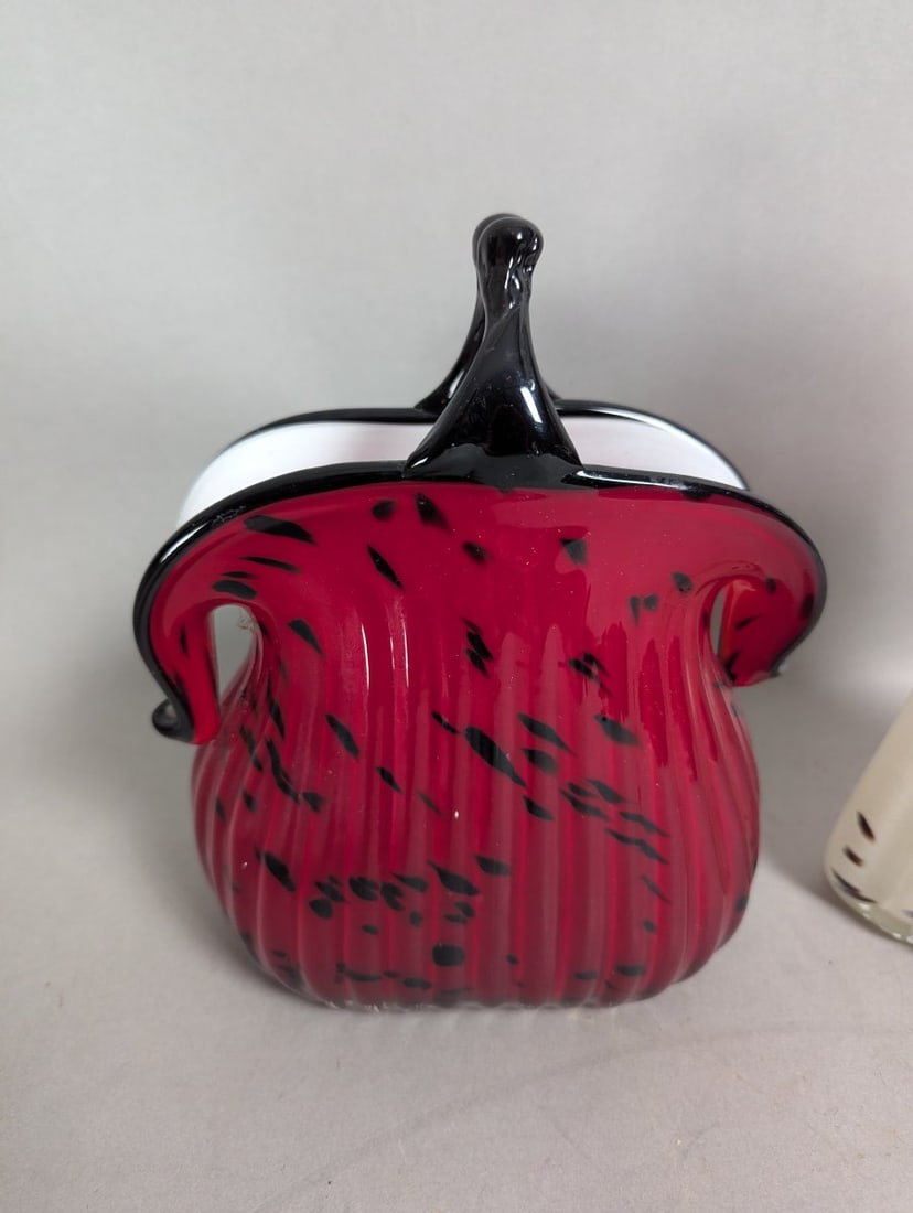Stunning Murano-Style Art Glass Purse Vases Red Black White Decorative Pair - 2
