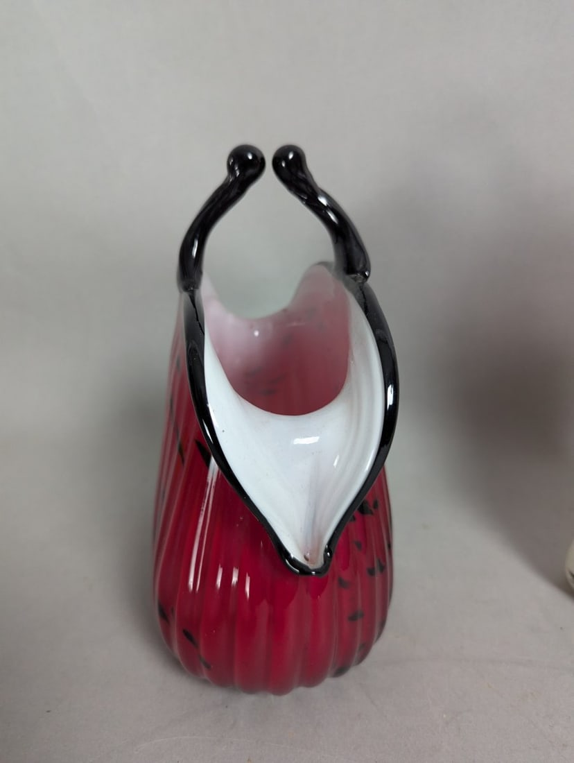 Stunning Murano-Style Art Glass Purse Vases Red Black White Decorative Pair - 3