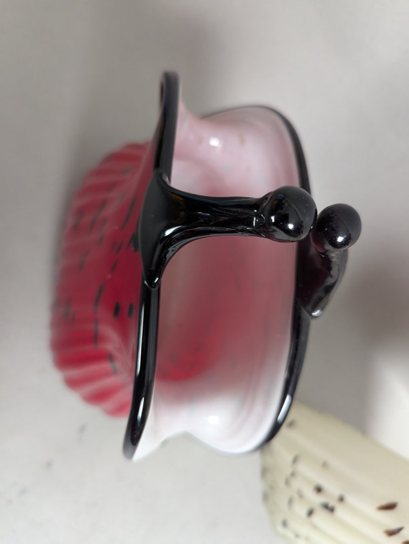 Stunning Murano-Style Art Glass Purse Vases Red Black White Decorative Pair - 4