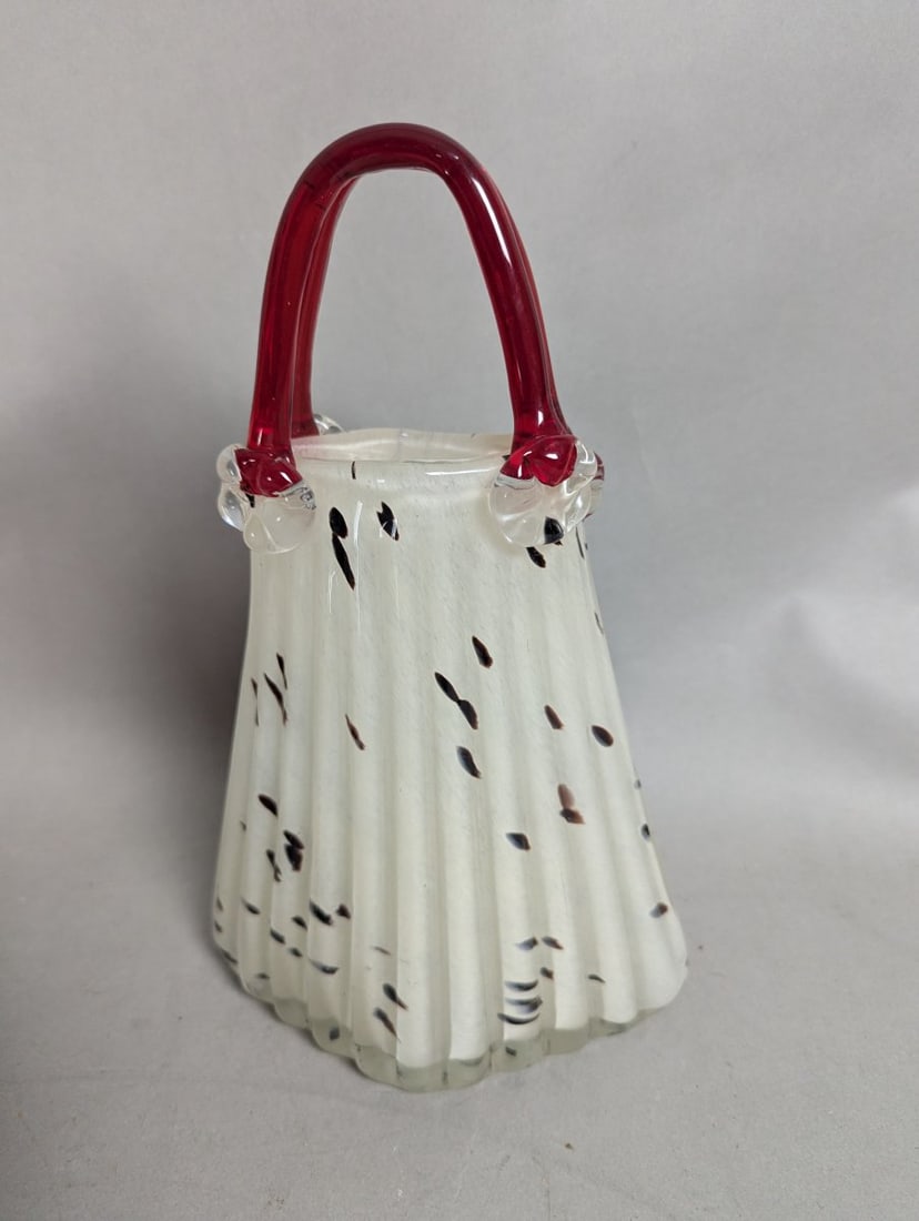 Stunning Murano-Style Art Glass Purse Vases Red Black White Decorative Pair - 5