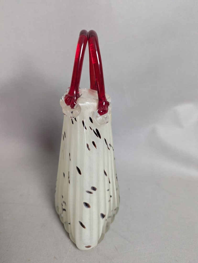 Stunning Murano-Style Art Glass Purse Vases Red Black White Decorative Pair - 6