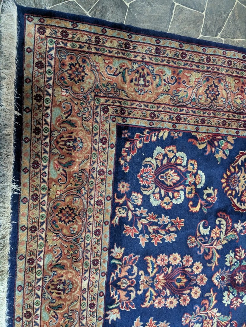 Exclusive Machine-Made Persian-Style Area Rug Floral Design Deep Blue Rust Beige - 2