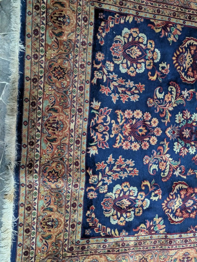 Exclusive Machine-Made Persian-Style Area Rug Floral Design Deep Blue Rust Beige - 3