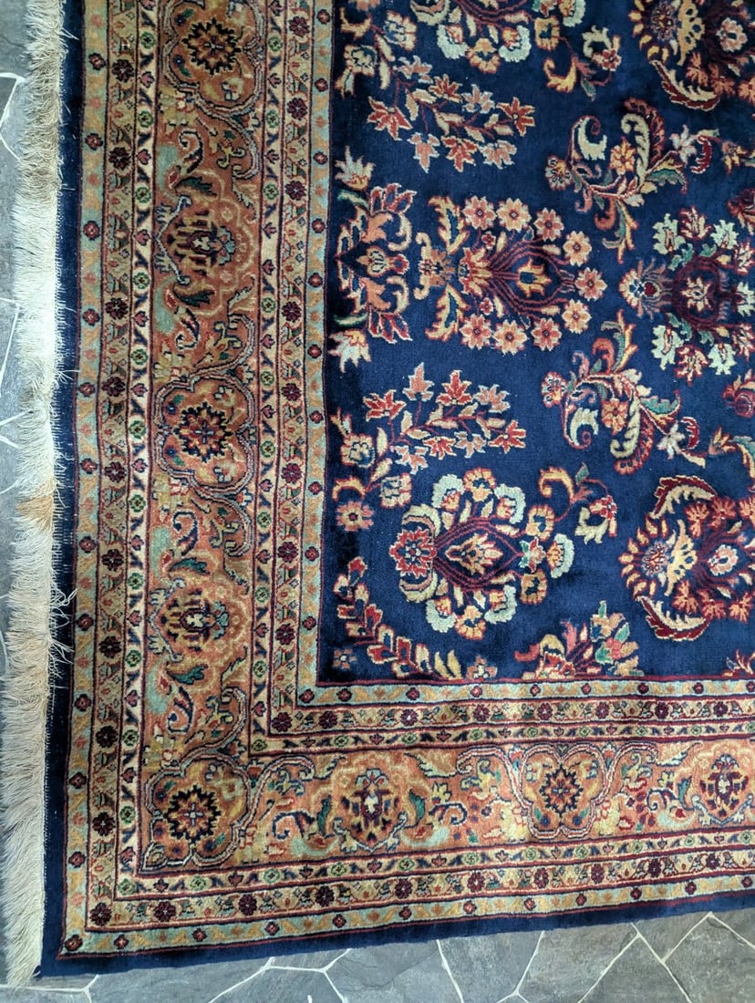 Exclusive Machine-Made Persian-Style Area Rug Floral Design Deep Blue Rust Beige - 4