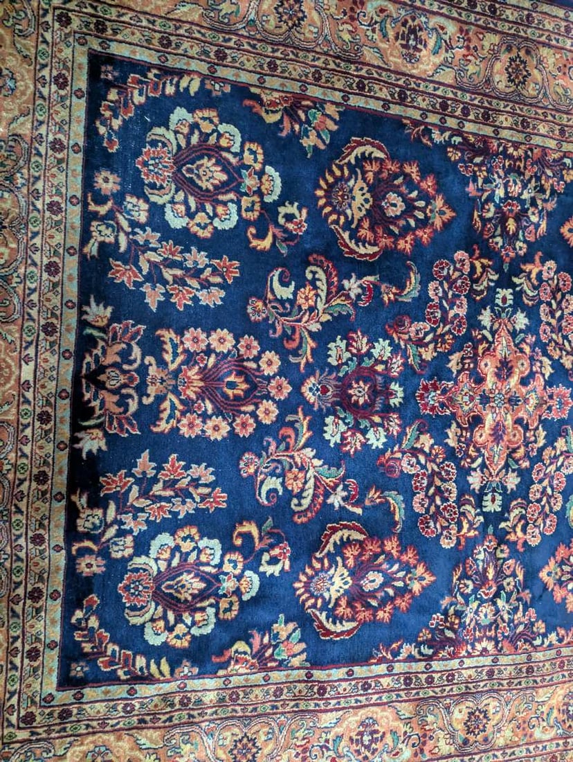 Exclusive Machine-Made Persian-Style Area Rug Floral Design Deep Blue Rust Beige - 5