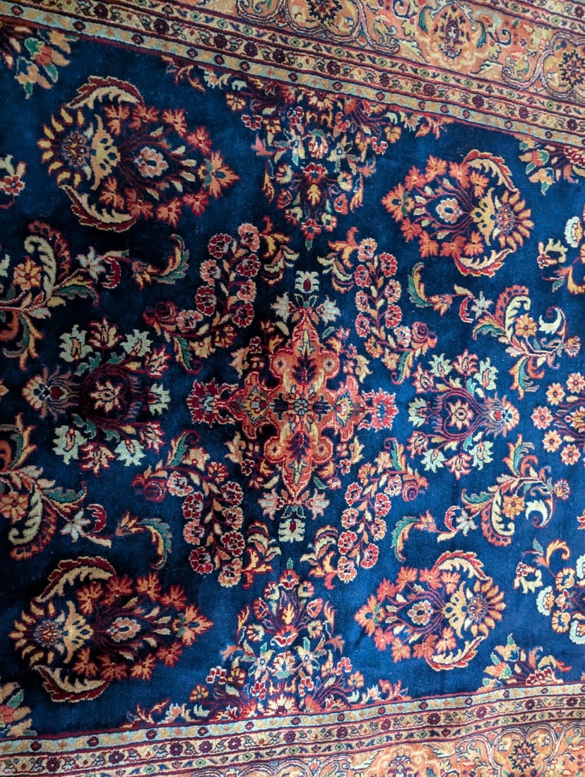 Exclusive Machine-Made Persian-Style Area Rug Floral Design Deep Blue Rust Beige - 6