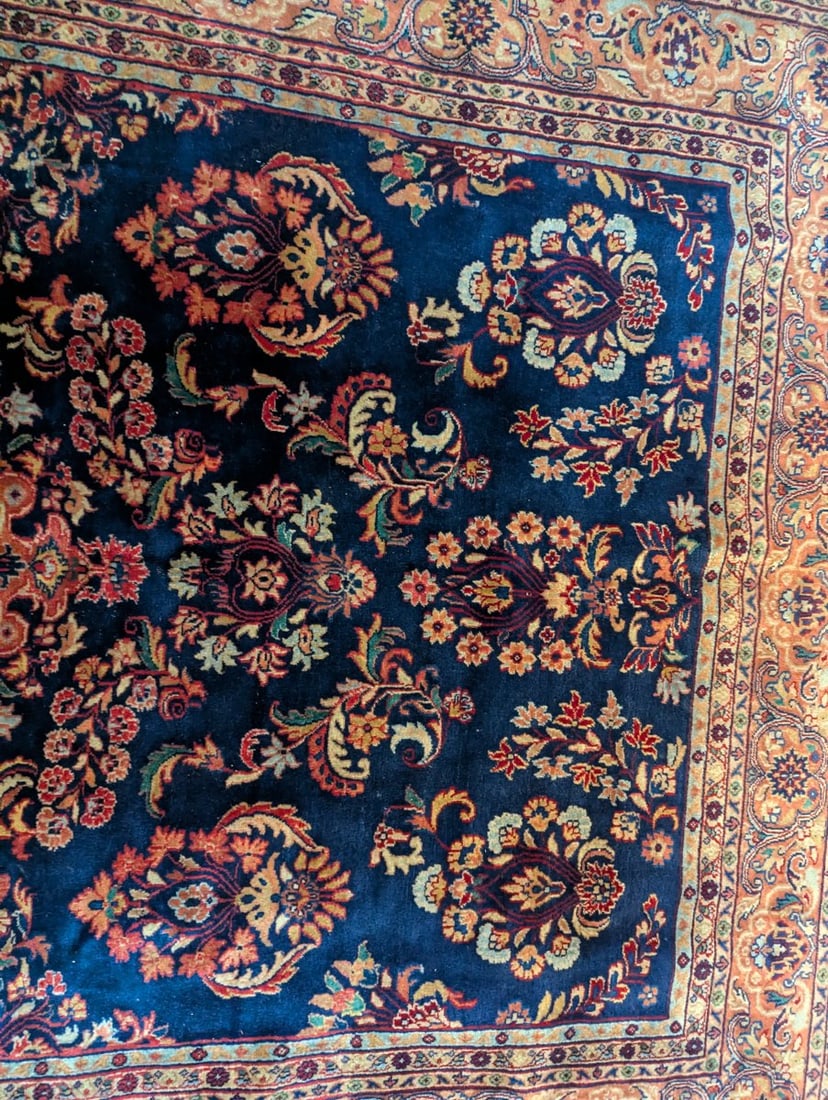 Exclusive Machine-Made Persian-Style Area Rug Floral Design Deep Blue Rust Beige - 7