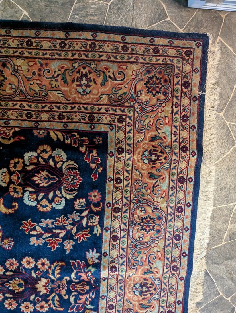 Exclusive Machine-Made Persian-Style Area Rug Floral Design Deep Blue Rust Beige - 8