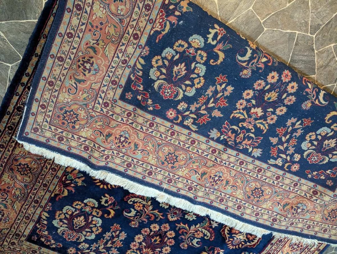 Exclusive Machine-Made Persian-Style Area Rug Floral Design Deep Blue Rust Beige - 9