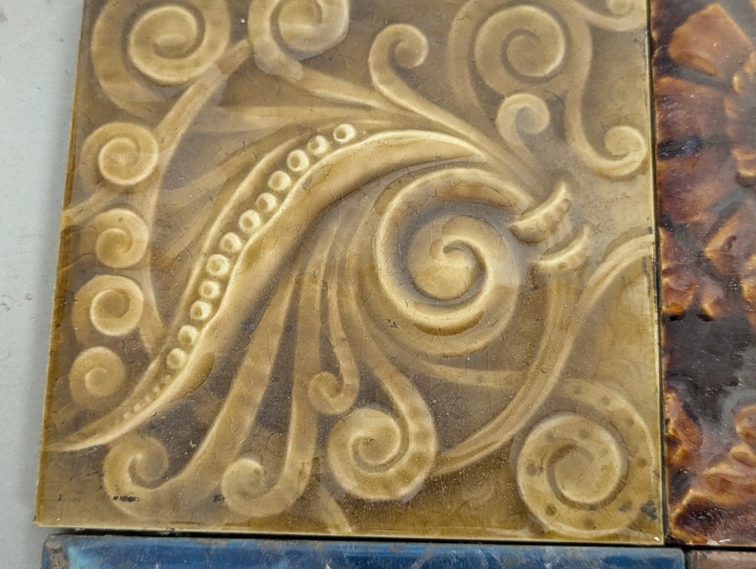 Collection of 4 Antique Ceramic Tiles Art Nouveau Floral Blue Ochre Majolica Glazed - 2