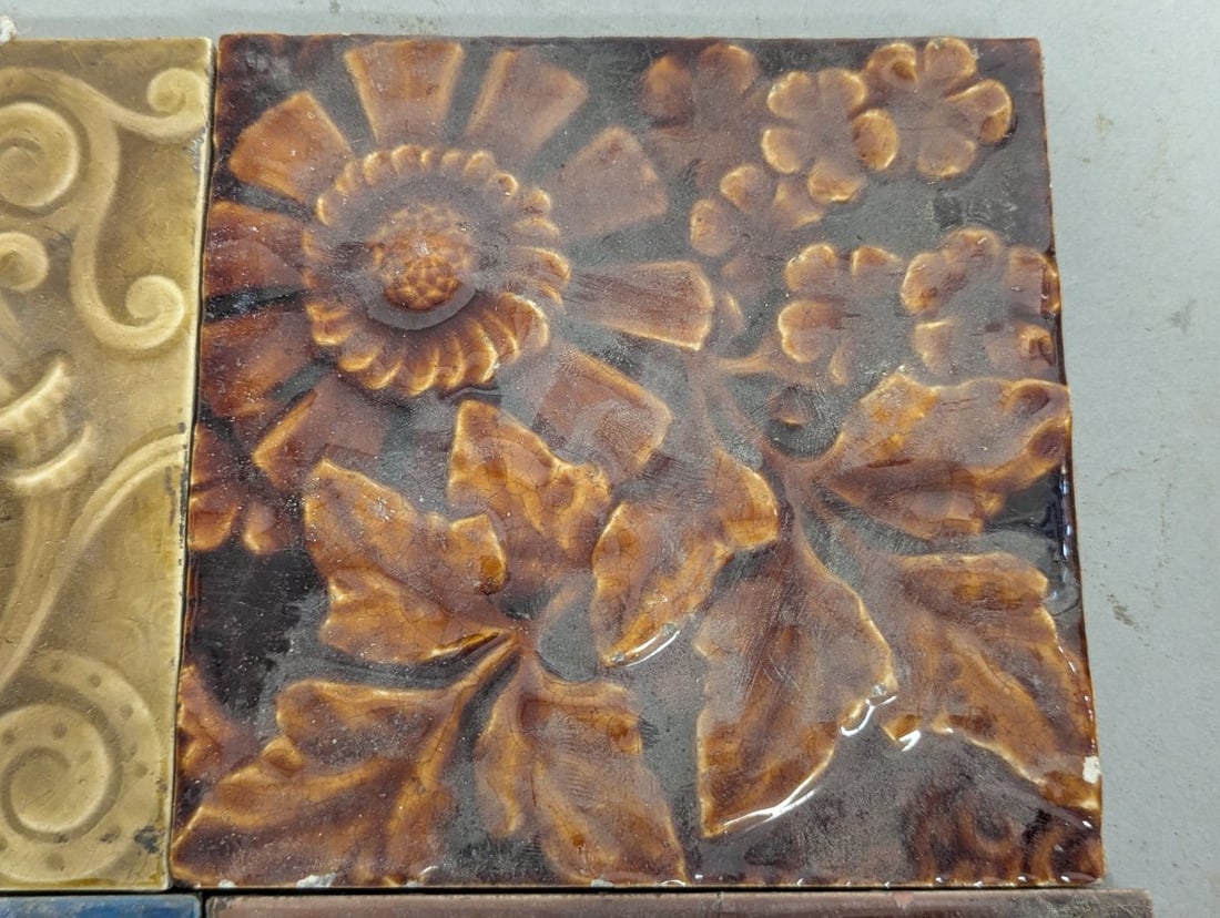 Collection of 4 Antique Ceramic Tiles Art Nouveau Floral Blue Ochre Majolica Glazed - 3