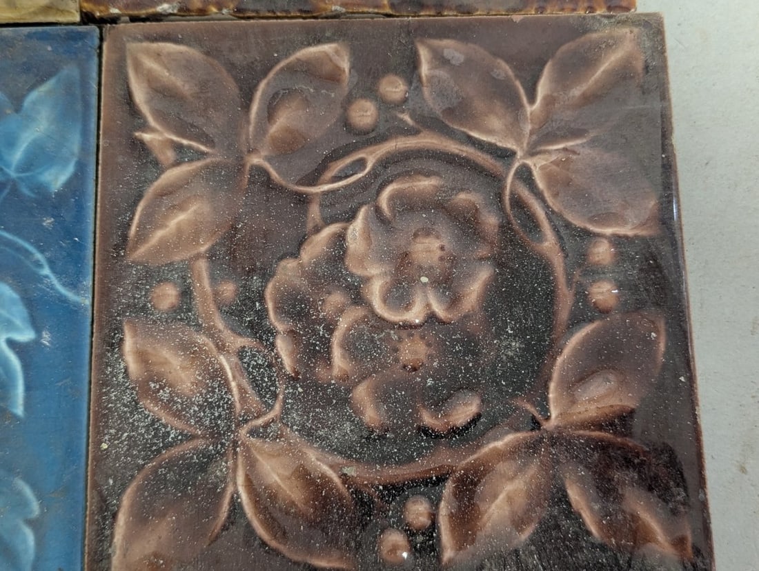 Collection of 4 Antique Ceramic Tiles Art Nouveau Floral Blue Ochre Majolica Glazed - 4