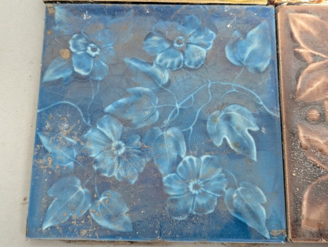 Collection of 4 Antique Ceramic Tiles Art Nouveau Floral Blue Ochre Majolica Glazed - 5