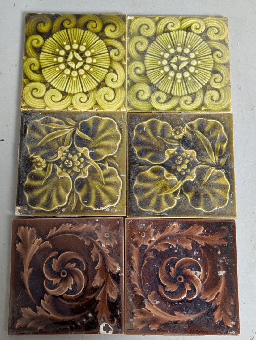 Antique Victorian Aesthetic Movement Ceramic Tile Collection with Corner Chips: **Important** Please read below description on how to avoid high shipping costs. Explore this captivating collection of six antique 6-inch square ceramic tiles from the Victorian/Aesthetic Movement