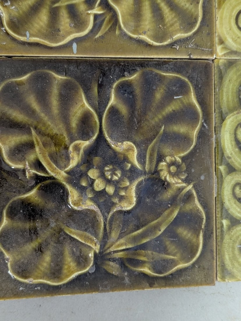 Antique Victorian Aesthetic Movement Ceramic Tile Collection with Corner Chips - 4