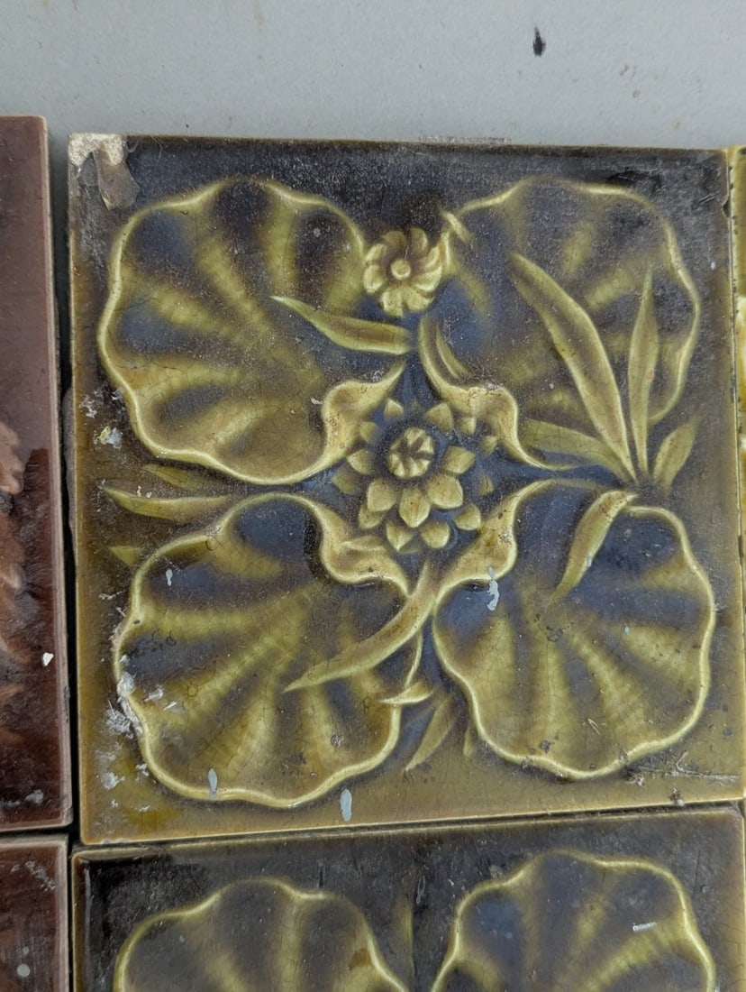 Antique Victorian Aesthetic Movement Ceramic Tile Collection with Corner Chips - 5