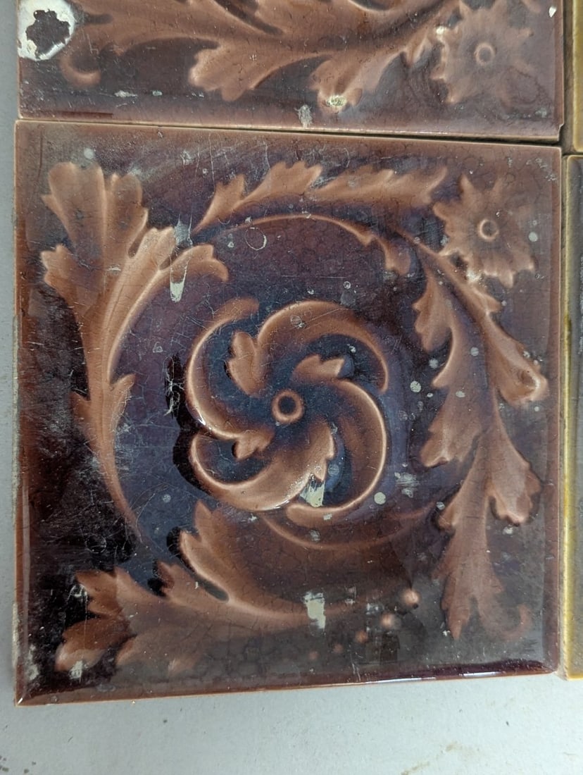 Antique Victorian Aesthetic Movement Ceramic Tile Collection with Corner Chips - 7